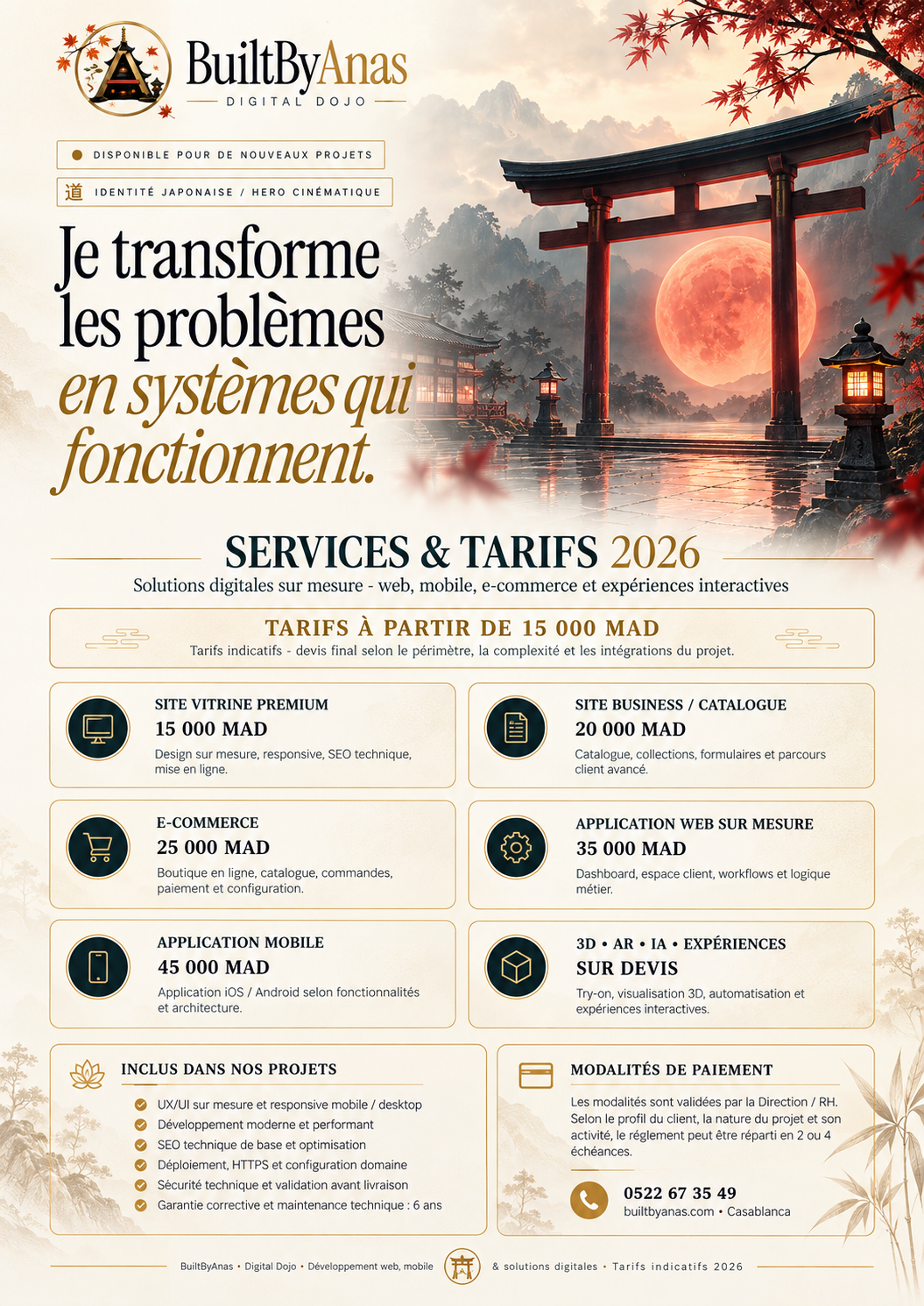 Brochure BuiltByAnas Digital Dojo — Services & Tarifs 2026, prix indicatifs en MAD