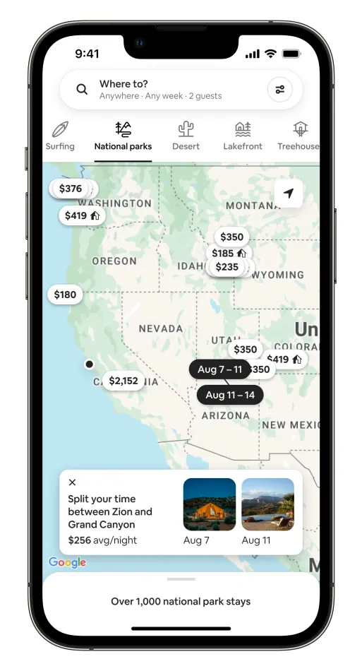 Carte interactive Airbnb avec deux étapes de séjour